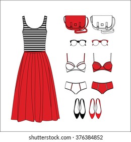 Set of women's clothing and accessories. 
Skirt. top . panties. bra . glasses. shoes. bag