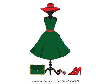 Set of women's clothing and accessories. Women dress, shoes, bag, glasses and hat vector flat design isolated on white background