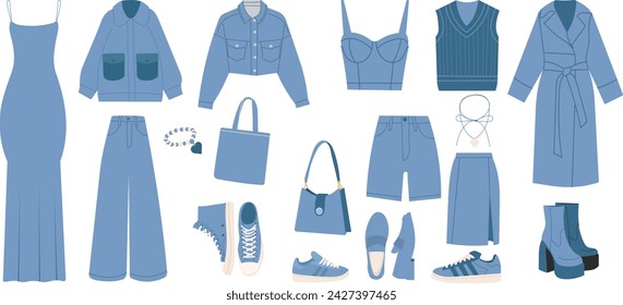 set of women's clothing, blue on a white background vector