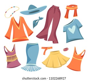 Set of women's clothing in the boho style. Vector cartoon illustration. Fashion style.