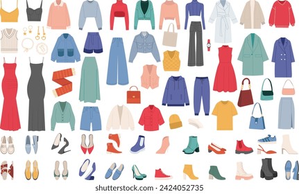 set of women's clothing, collection on white background vector