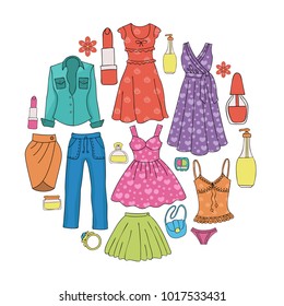 A set of women's clothing and cosmetics. Women's wardrobe. Vector illustration.