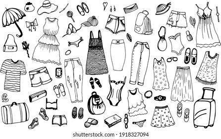 Set of different hand drawn Accessories and Clothes. Bundle of clothing,  bags, accessories, underwear and shoes for women. Colored isolated flat  vector illustration. 25423813 Vector Art at Vecteezy