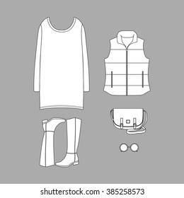 set of women's clothing . Dress Boots . Vest. Sunglasses . A bag.
