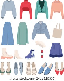 set of women's clothing in flat style, vector