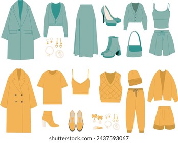 set of women's clothing in flat style on a white background, vector