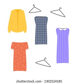 Set of women's clothing, hangers. Striped dresses, peas, checkered, women's shirt, Vector illustration, isolate on white background.
