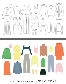 Juego de íconos de ropa para mujeres. Dibujo lineal de artículos de guardarropa para mujeres. Ilustración de vector de color