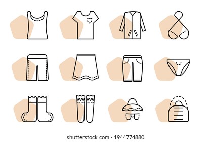 Set of womens clothing icons, thin and dotted line style.Vector, illustration.