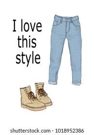 Set of women's clothing: jeans and boots. Isolated on white background. Casual style. Hand drawn vector illustration for your fashion design