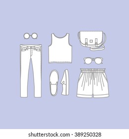 a set of women's clothing jeans, handbags, shoes, shorts, pants, sunglasses