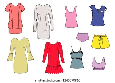 Set of women's clothing. Objects isolated on white, vector black on white illustration.