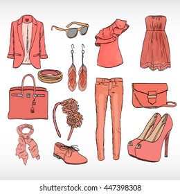 A set of women's clothing in red tones. Vector illustration.