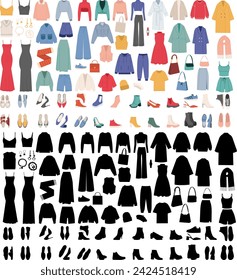 set of women's clothing and shoes, bags on a white background vector