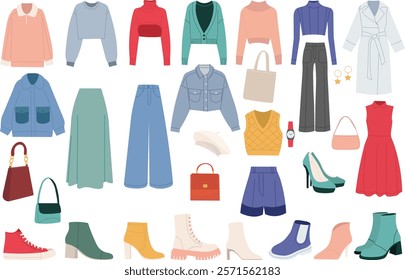 set of women's clothing and shoes, collection on white background vector