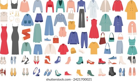 set of women's clothing and shoes, jewelry and sumak in flat style, vector