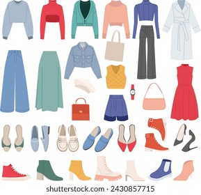 set of women's clothing and shoes on a white background vector