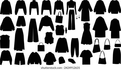 set of women's clothing silhouette on white background vector