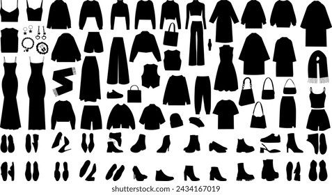 set of women's clothing silhouette on white background vector