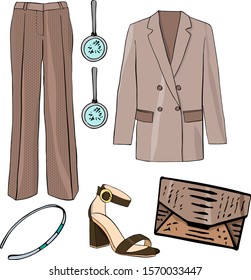 A set of women's clothing: skirt, jacket, sandals, bag, underwear in beige colors. Women's earrings and bracelet. For sites, for instagrams, for promotions, for a clothing store