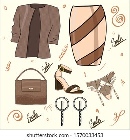 A set of women's clothing: skirt, jacket, sandals, bag, underwear in beige colors. Women's Earrings and Lettering Sale. For sites, for instagrams for promotions