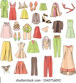 set of women's clothing: skirts, trousers, cardigans, accessories. Color illustration, vector For store, boutique ad.