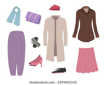 Set of womens clothing. Violet pants and pink skirt with grey and brown coat. Fashion, trend and style. Grey gloves and pink shoes. Cartoon flat vector collection isolated on white background