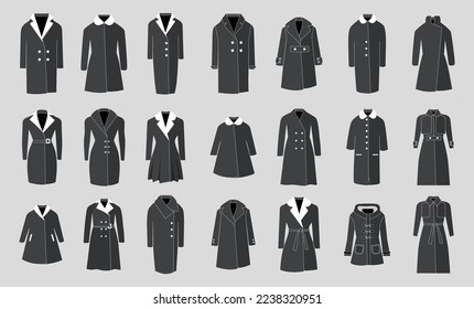A set of women's coats and jackets on a gray background in the form of icons. Outerwear. Style and fashion. Style. Pattern. Vector stock illustration. isolated. flat style