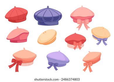 Set of women's colored berets, stylish hat vector illustration isolated on white background