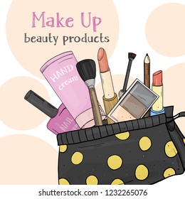 Set with women's cosmetics in a cosmetic bag . Decorative cosmetics for face and nails. Vector illustration in sketch style. For beauty, fashion magazine, print media, web apps, mobile apps.