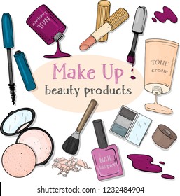 Set with women's cosmetics on a white background. Decorative cosmetics for face and nails. Vector illustration in sketch style. For beauty, fashion magazine, print media, web apps, mobile apps.