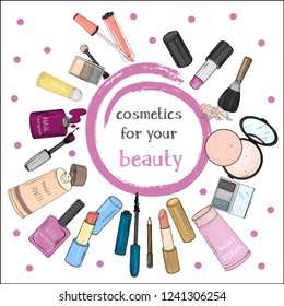 Set with women's cosmetics on a white background. Decorative cosmetics for face and nails. Vector illustration in sketch style. For beauty, fashion magazine, print media, web apps, mobile apps.