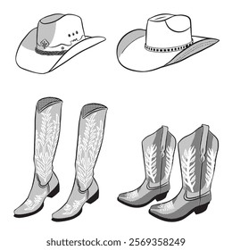 Set of women's cowboy hats and boots. Black and white illustration with halftone. Isolated on white background.