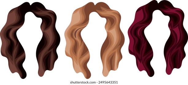 set of women's curly brown red and blonde hair without bangs and voluminous styling for female characters