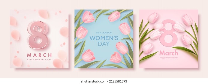 Cartel del Día de la Mujer. 8 de marzo de fondo de vacaciones con pétalos y flores realistas. Ilustración vectorial para afiches, tarjetas de felicitación, folletos, materiales promocionales, sitio web