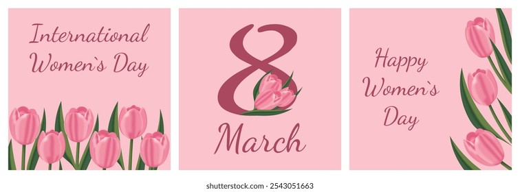 Set of Women's day banner. 8 march holiday background with realistic pink tulips. Design for poster, banners, greeting cards, booklets, promotional materials, website. Vector illustration