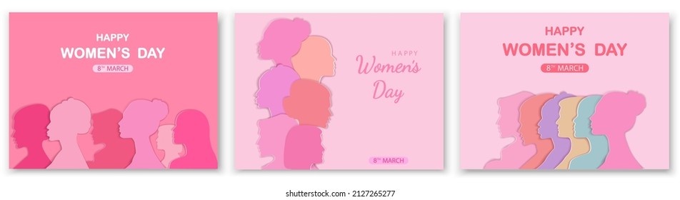 Set of Women's Day banner or greeting card with womens faces .Mothers Day. Greeting card for 8 March.For brochures, postcards, tickets, banners.Womens History Month.