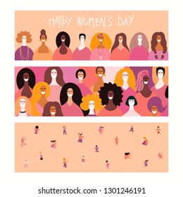 Set of womens day banners with diverse women and lettering quotes. Hand drawn vector illustration. Flat style design. Concept, element for feminism, girl power, card, poster, background.