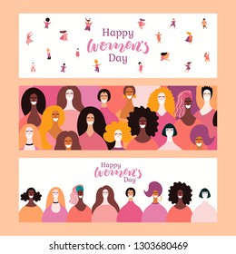 Set of womens day banners with diverse women and lettering quotes. Hand drawn vector illustration. Flat style design. Concept, element for feminism, girl power, card, poster, background.