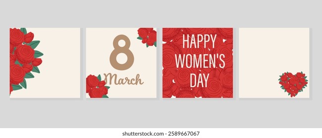 Set of Women's Day banners for social media posts. Backgrounds with rose blossoms. Creative concept for invitation, card, cover. Vector illustration