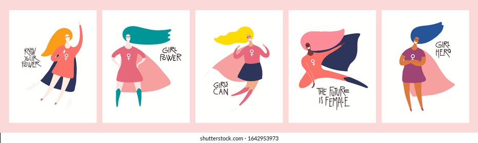 Set of womens day card, banner designs with beautiful women superheroes and quotes. Hand drawn vector illustration. Flat style. Concept, element for feminism, girl power. Female cartoon characters.