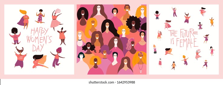 Set of womens day card, banner designs with beautiful diverse women and quotes. Hand drawn vector illustration. Flat style. Concept, element for feminism, girl power. Female cartoon characters.