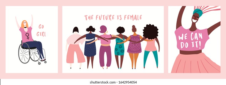 Set of womens day card, banner designs with beautiful diverse women and quotes. Hand drawn vector illustration. Flat style. Concept, element for feminism, girl power. Female cartoon characters.