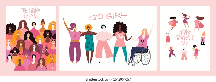 Set of womens day card, banner designs with beautiful diverse women and quotes. Hand drawn vector illustration. Flat style. Concept, element for feminism, girl power. Female cartoon characters.