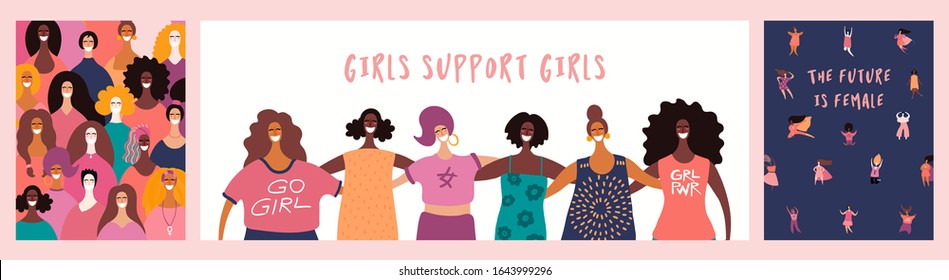 Set of womens day card, banner designs with beautiful diverse women and quotes. Hand drawn vector illustration. Flat style. Concept, element for feminism, girl power. Female cartoon characters.