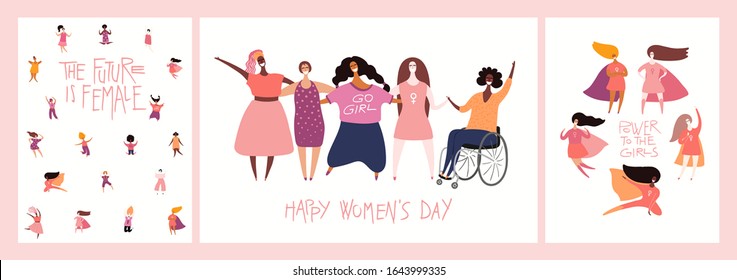 Set of womens day card, banner designs with beautiful diverse women and quotes. Hand drawn vector illustration. Flat style. Concept, element for feminism, girl power. Female cartoon characters.