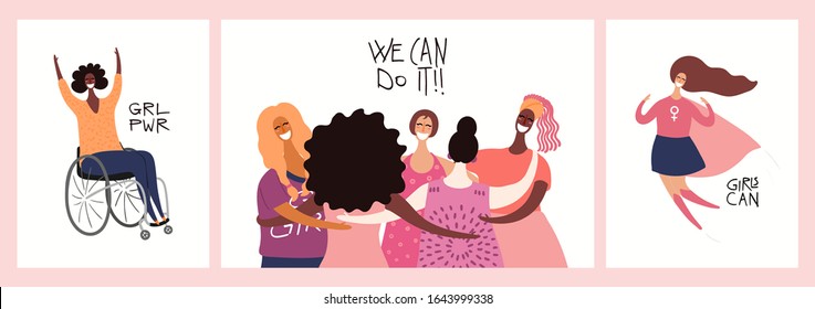 Set of womens day card, banner designs with beautiful diverse women and quotes. Hand drawn vector illustration. Flat style. Concept, element for feminism, girl power. Female cartoon characters.