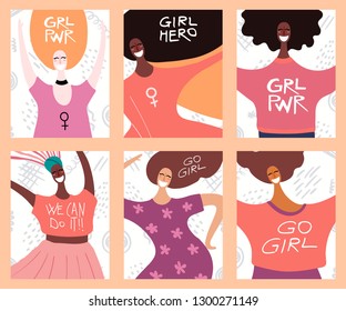 Set of womens day cards with diverse women and lettering quotes. Hand drawn vector illustration. Flat style design. Concept, element for feminism, girl power, poster, banner.