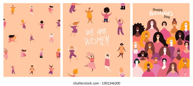 Set of womens day cards with diverse women and lettering quotes. Hand drawn vector illustration. Flat style design. Concept, element for feminism, girl power, poster, banner, background.