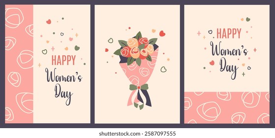 Set of Womens Day cards. Happy Women's Day text. Bouquet of flowers in vase. Vector cartoon flat  illustration